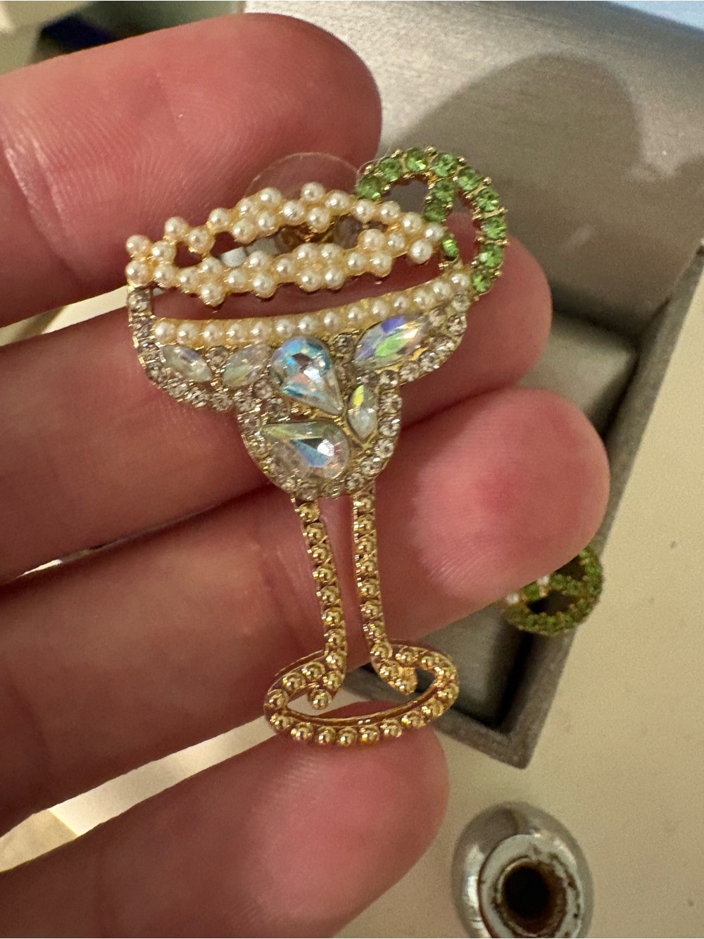 Gold-Tone Pearl & Crystal Margarita Cocktail Glass Earrings